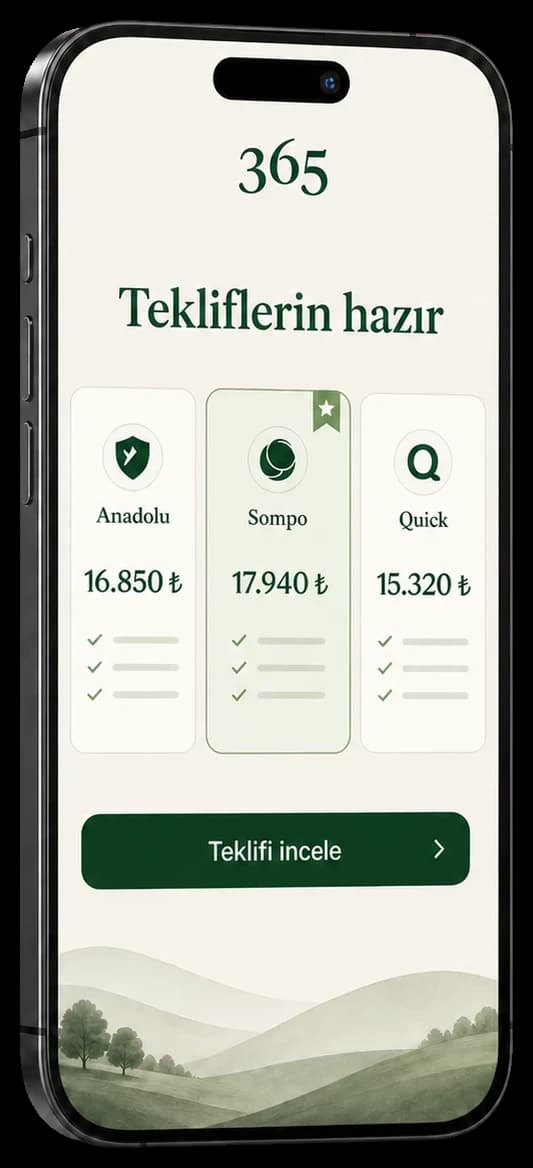365 Sigorta teklif karşılaştırma ekranını gösteren gerçekçi telefon mockup'ı